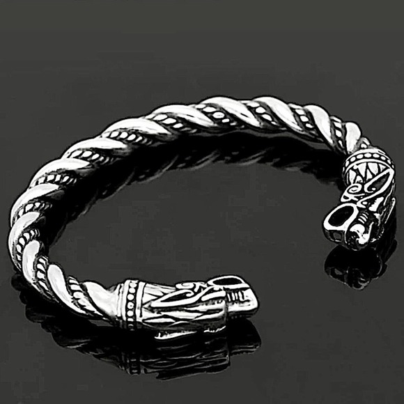 STERLING SILVER VIKING WOLF BRACELET SILVER ARM BAND CUFF BANGLE - Picture 6 of 9